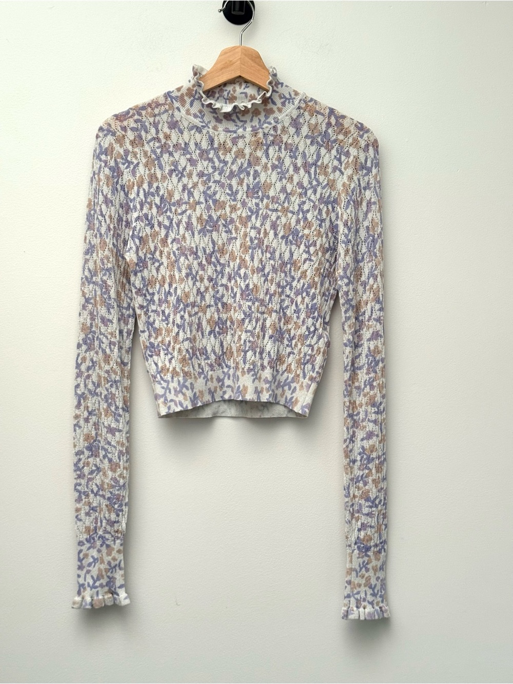 Zara Fine Knit Top Floral Print Mock Neck Ruffle Long Sleeve Sweater Cottagecore - Picture 4 of 12